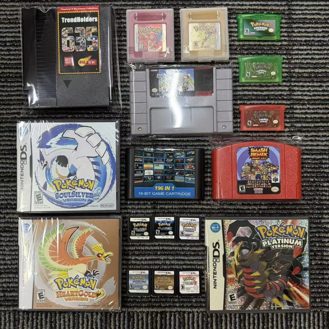 Assorted retro game cartridge and packaging production examples